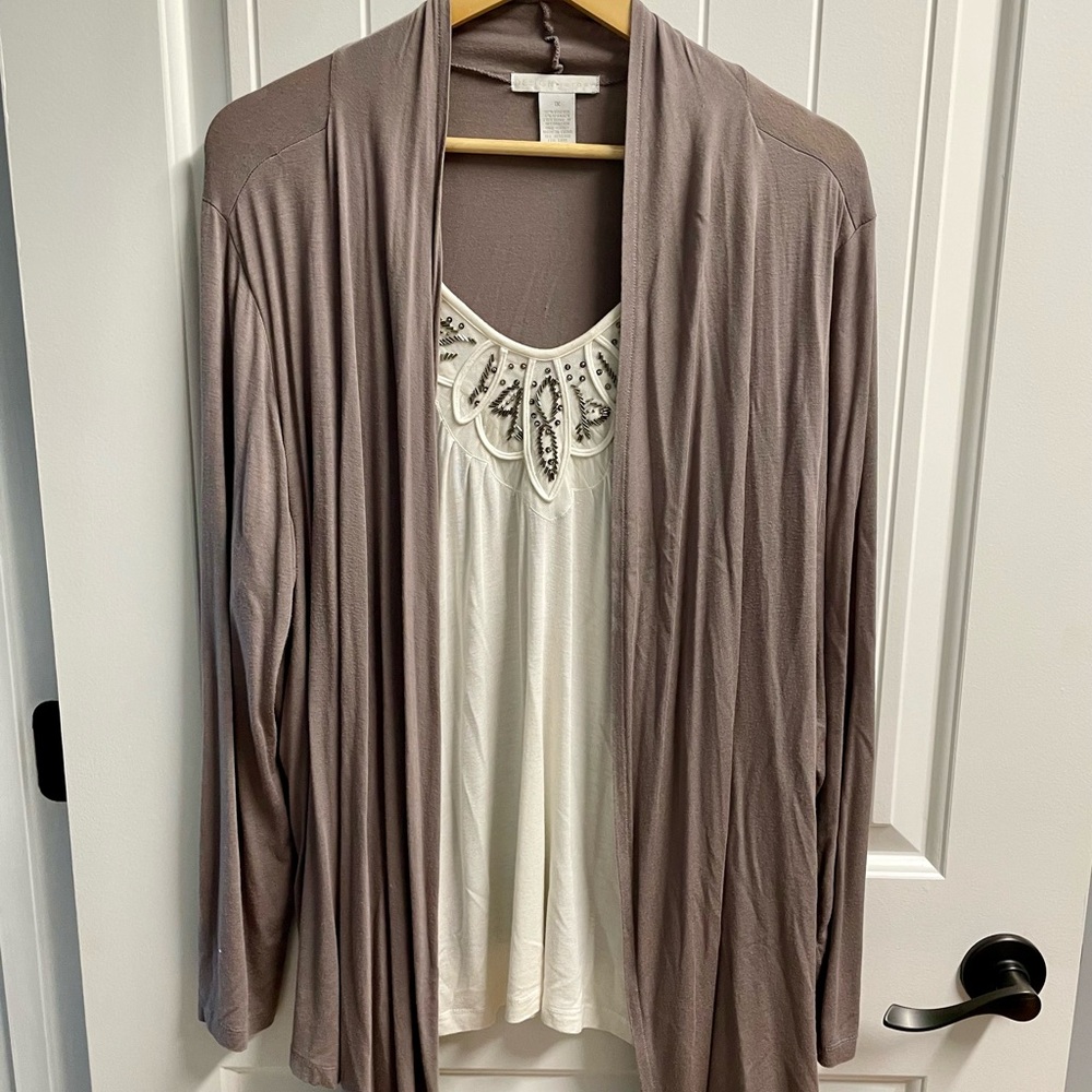 Design Story Open Front Cardigan with Embellished Top